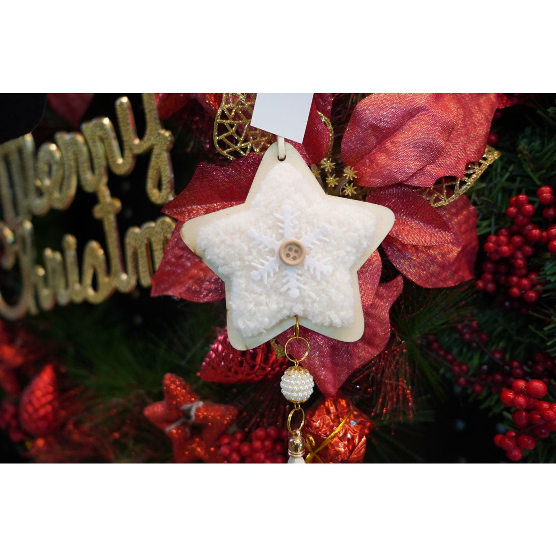 Ornament de brad stea, Flippy, alb, lemn/textil, 25 cm-2