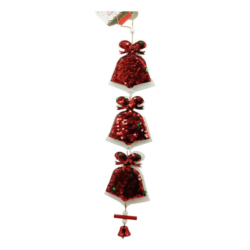 Ornament de brad trei clopotei cu paiete, Flippy, rosu, lemn, 36 cm-1