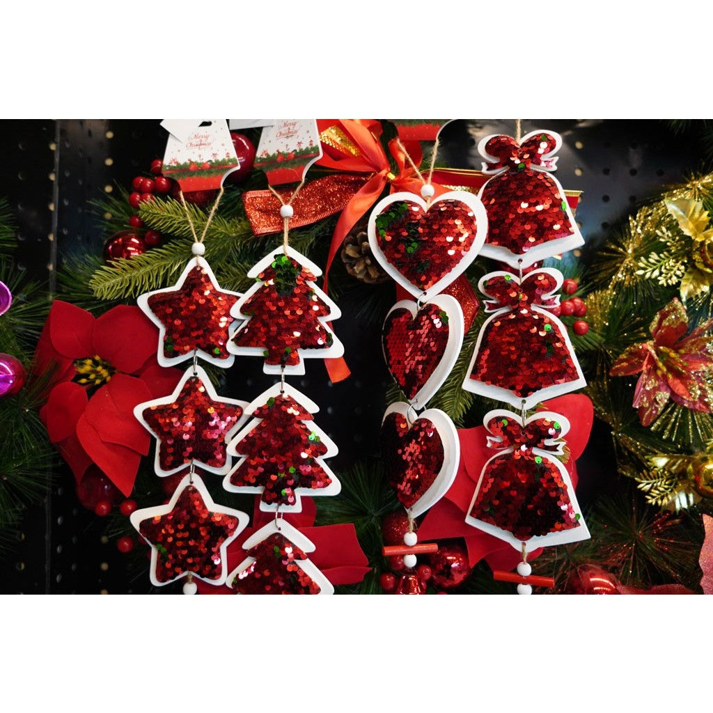 Ornament de brad trei clopotei cu paiete, Flippy, rosu, lemn, 36 cm-3