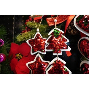Ornament de brad trei clopotei cu paiete, Flippy, rosu, lemn, 36 cm-6