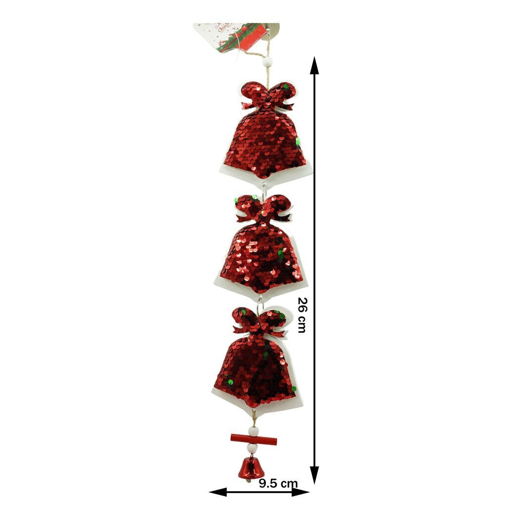 Ornament de brad trei clopotei cu paiete, Flippy, rosu, lemn, 36 cm-9