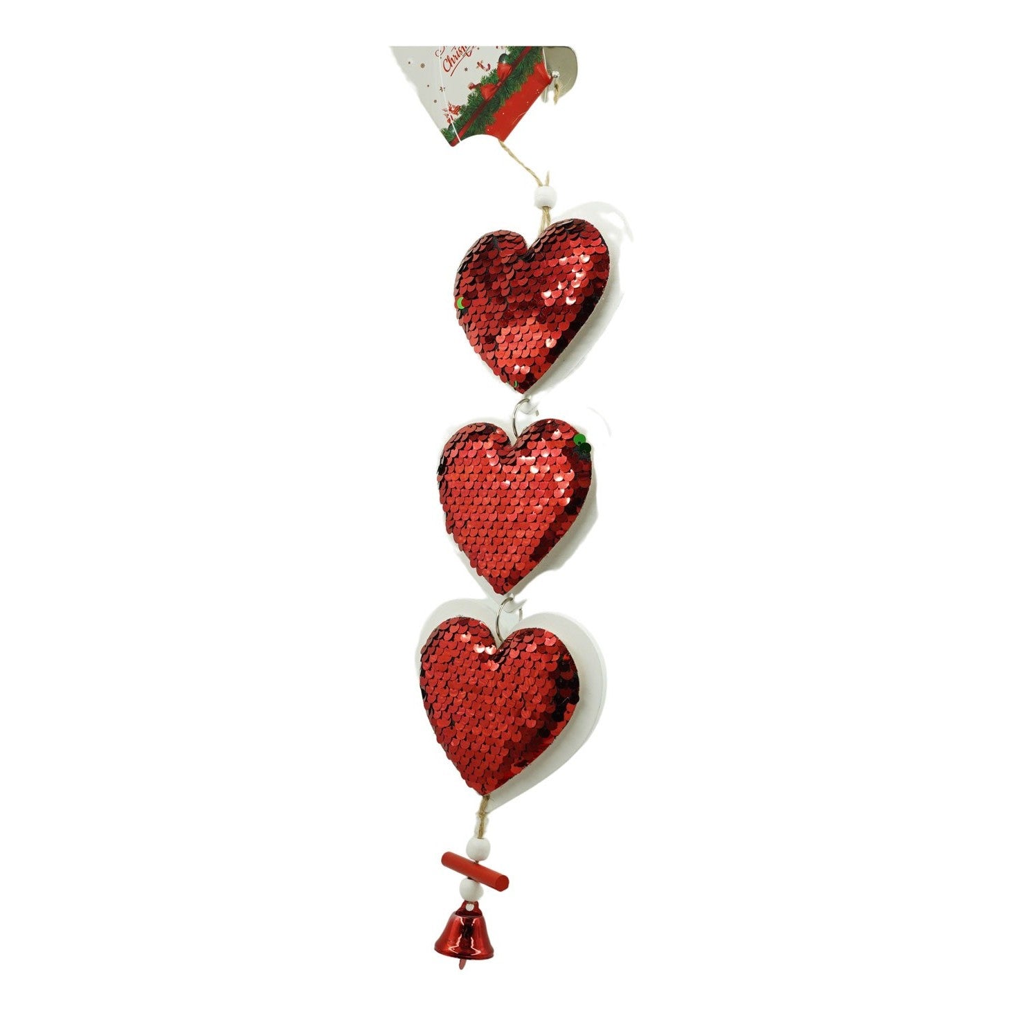 Ornament de brad trei inimi cu paiete, Flippy, rosu, lemn, 36 cm-7
