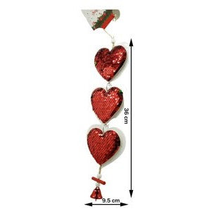 Ornament de brad trei inimi cu paiete, Flippy, rosu, lemn, 36 cm-0