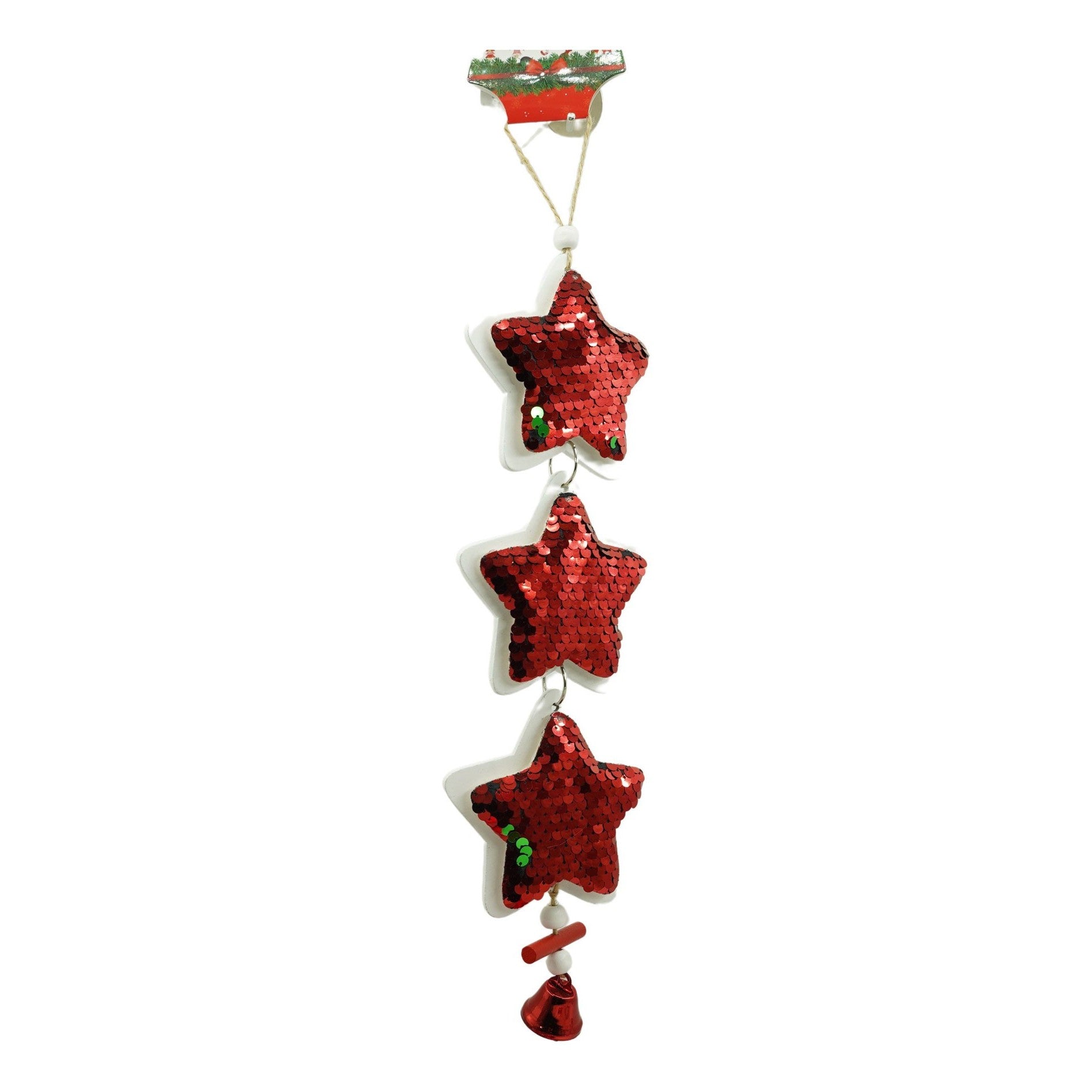 Ornament de brad trei stele cu paiete, Flippy, rosu, lemn, 36 cm-4