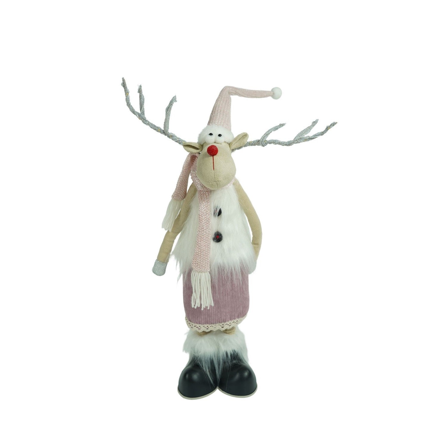 Ornament de Craciun ren cu picioare telescopice, Flippy, roz/alb, textil, 72 cm-1