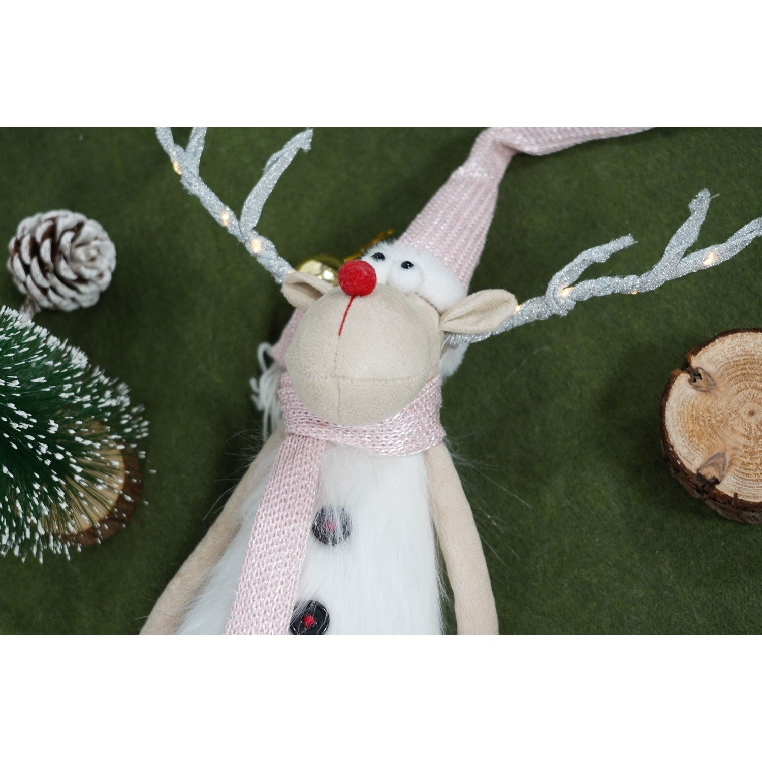 Ornament de Craciun ren cu picioare telescopice, Flippy, roz/alb, textil, 72 cm-4