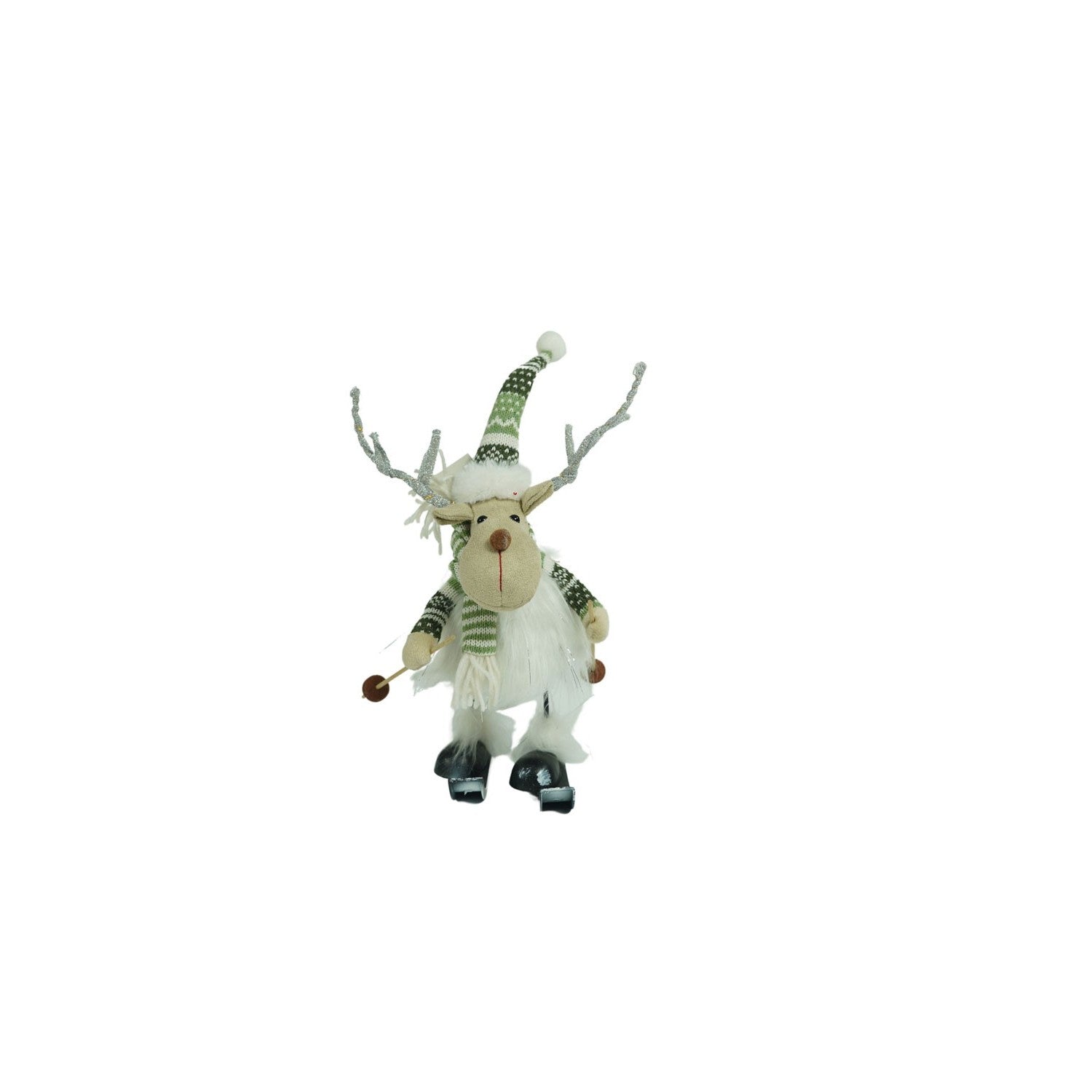 Ornament de Craciun ren pe schiuri, Flippy, alb/verde, textil, 33 cm-1