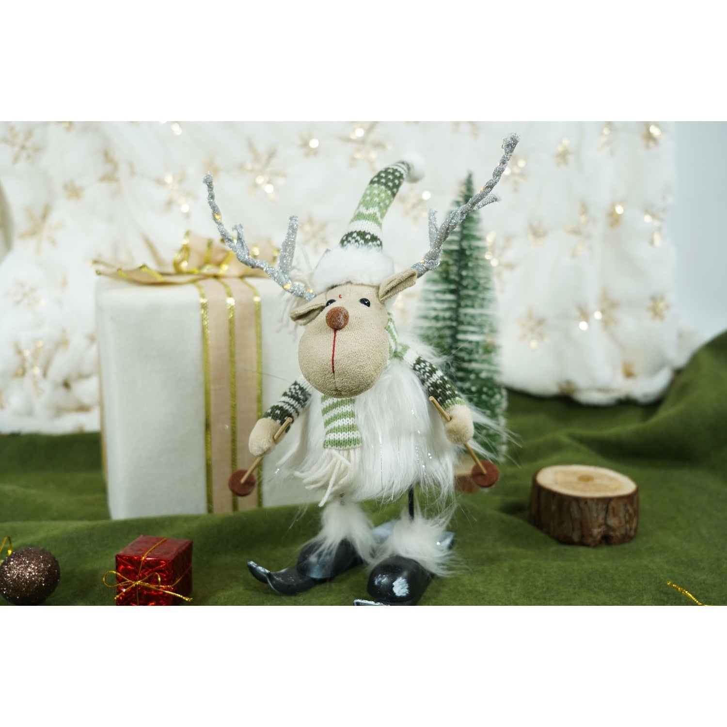 Ornament de Craciun ren pe schiuri, Flippy, alb/verde, textil, 33 cm-2