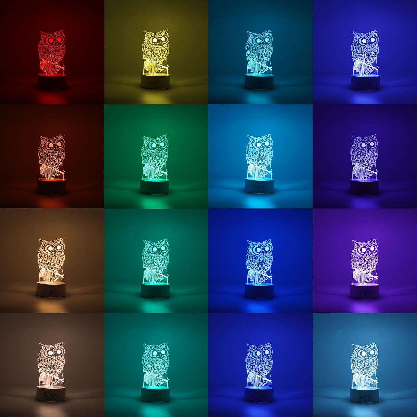 Lampa LED decorativa, Flippy, 3D, Bufnita, cu USB si baterii, 20 cm inaltime, din material acril, lumina multicolora si telecomanda inclusa, alb-1