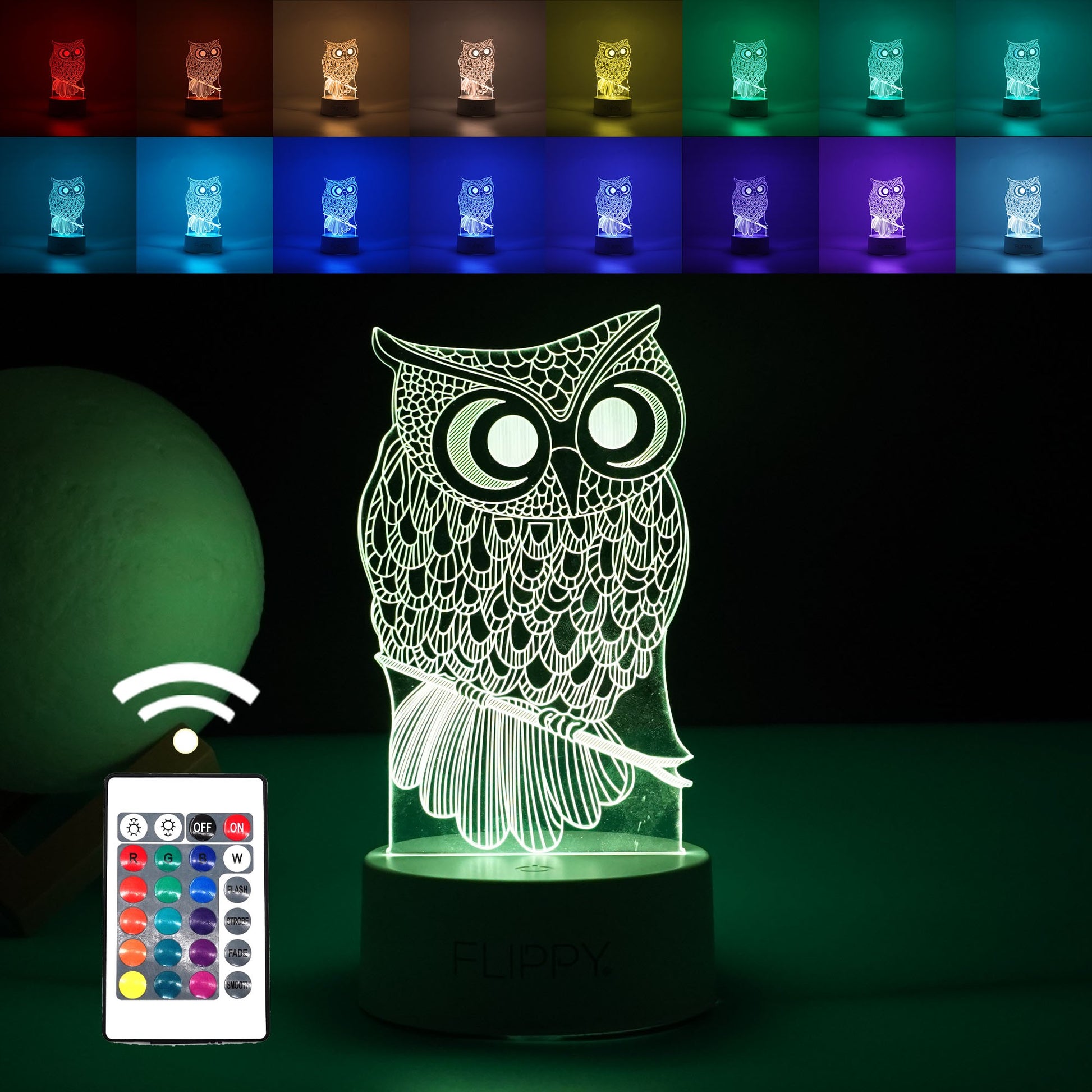 Lampa LED decorativa, Flippy, 3D, Bufnita, cu USB si baterii, 20 cm inaltime, din material acril, lumina multicolora si telecomanda inclusa, alb-0