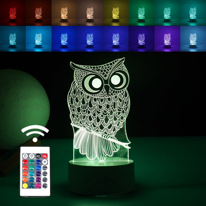 Lampa LED decorativa, Flippy, 3D, Bufnita, cu USB si baterii, 20 cm inaltime, din material acril, lumina multicolora si telecomanda inclusa, alb-0