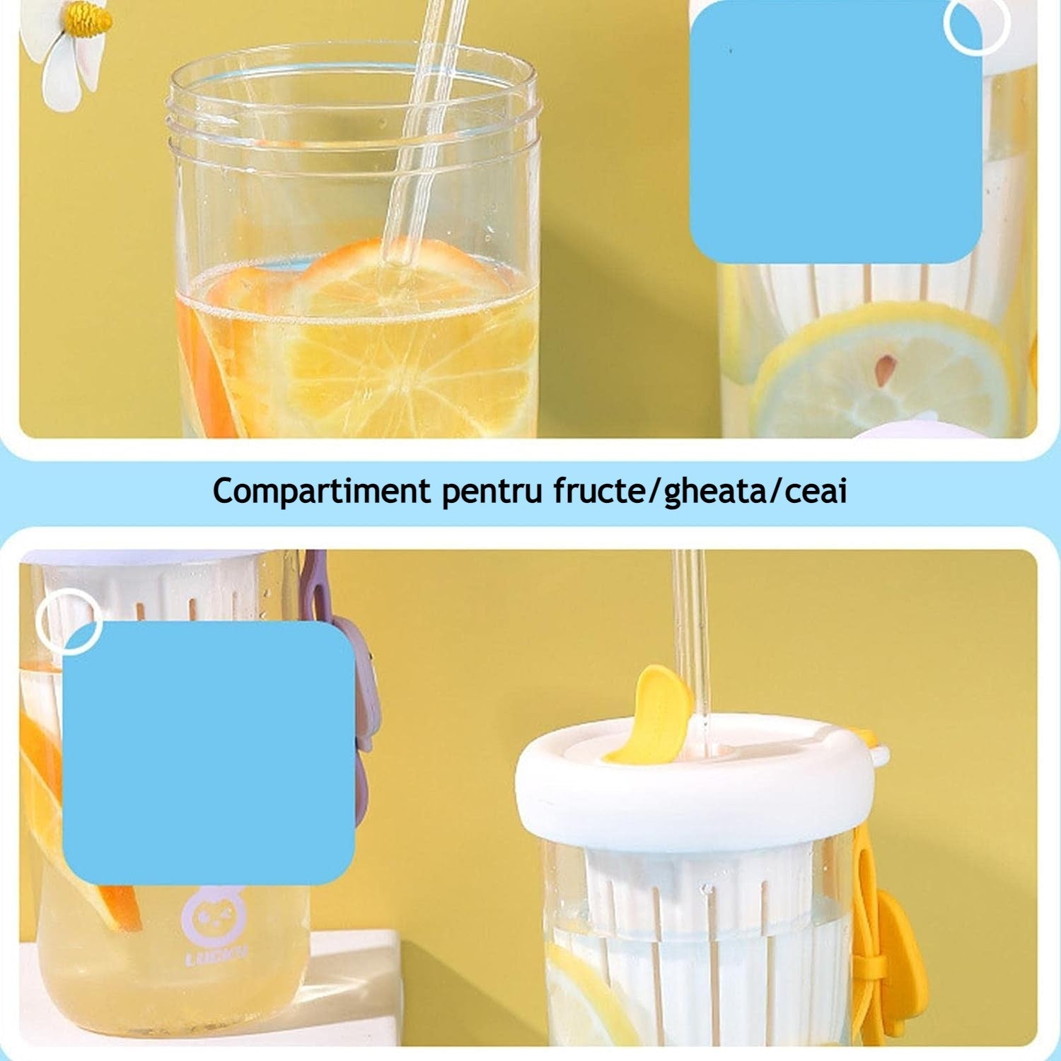 Pahar din silicon, cu capac si pai, pentru copii, Flippy, anti-cadere, compartiment pentru fructe/ceai/gheata, rezistent la temperaturi inalte, 500ml, Alb, 14.5x8.8x20 cm-4