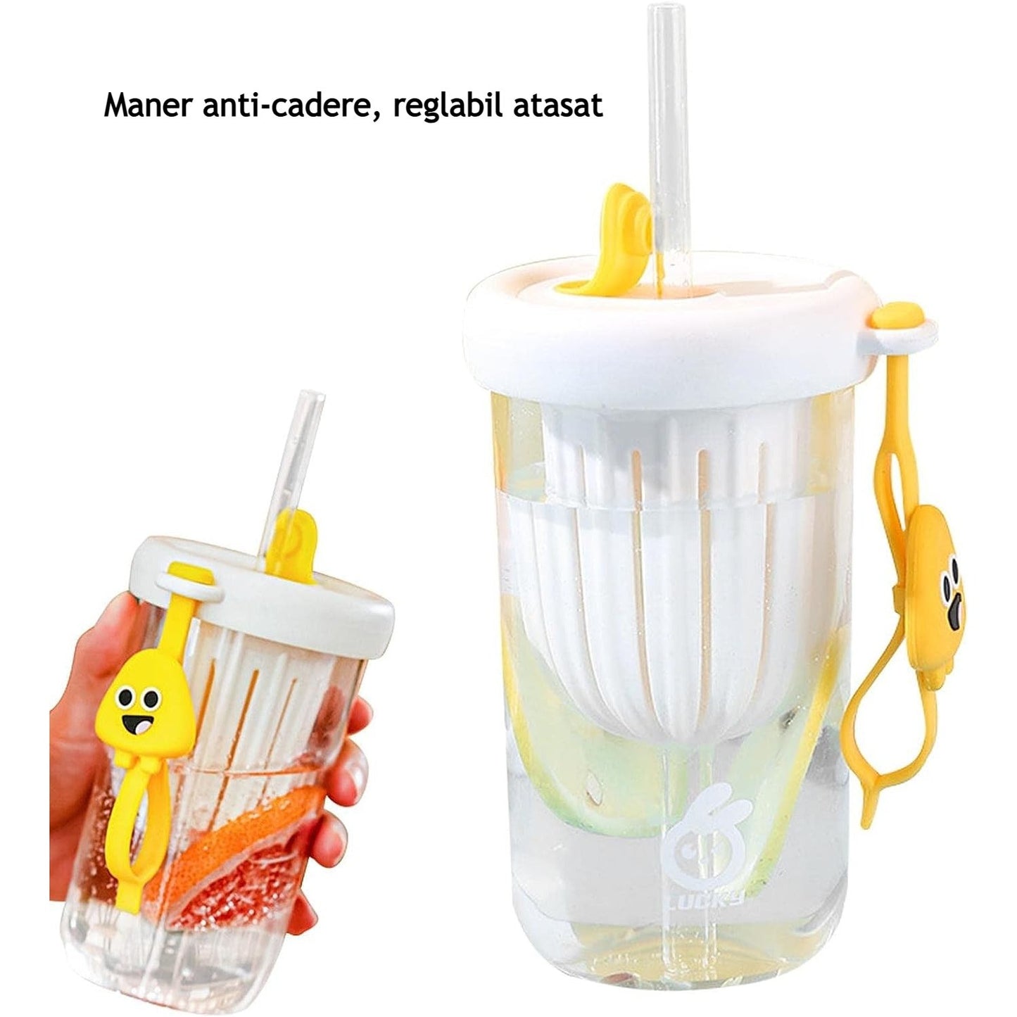 Pahar din silicon, cu capac si pai, pentru copii, Flippy, anti-cadere, compartiment pentru fructe/ceai/gheata, rezistent la temperaturi inalte, 500ml, Alb, 14.5x8.8x20 cm-6