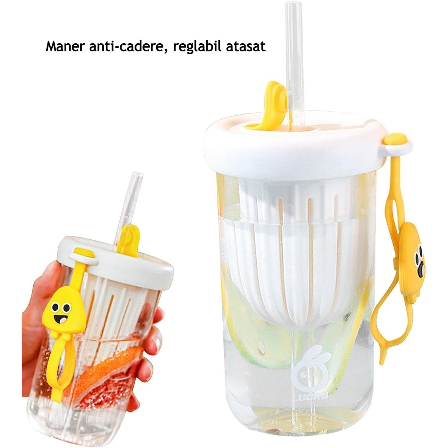 Pahar din silicon, cu capac si pai, pentru copii, Flippy, anti-cadere, compartiment pentru fructe/ceai/gheata, rezistent la temperaturi inalte, 500ml, Alb, 14.5x8.8x20 cm-6