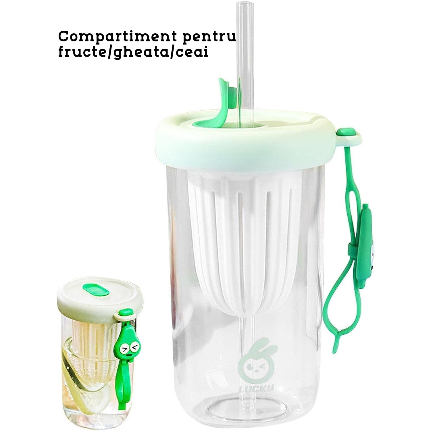Pahar din silicon, cu capac si pai, pentru copii, Flippy, anti-cadere, compartiment pentru fructe/ceai/gheata, rezistent la temperaturi inalte, 500ml, Verde, 14.5x8.8x20 cm-1