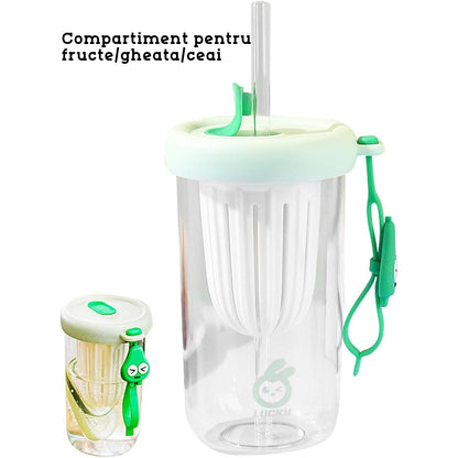 Pahar din silicon, cu capac si pai, pentru copii, Flippy, anti-cadere, compartiment pentru fructe/ceai/gheata, rezistent la temperaturi inalte, 500ml, Verde, 14.5x8.8x20 cm-1