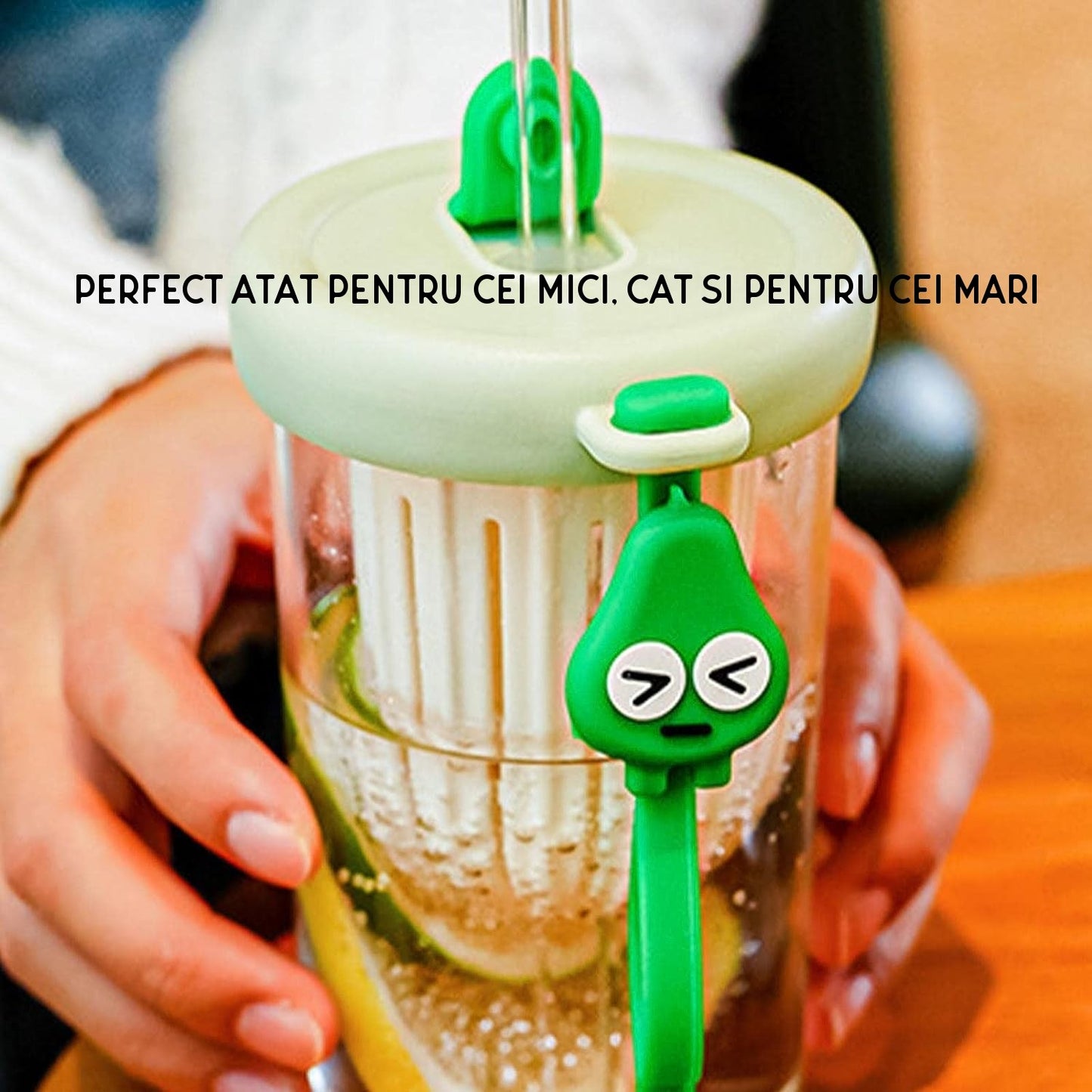 Pahar din silicon, cu capac si pai, pentru copii, Flippy, anti-cadere, compartiment pentru fructe/ceai/gheata, rezistent la temperaturi inalte, 500ml, Verde, 14.5x8.8x20 cm-2
