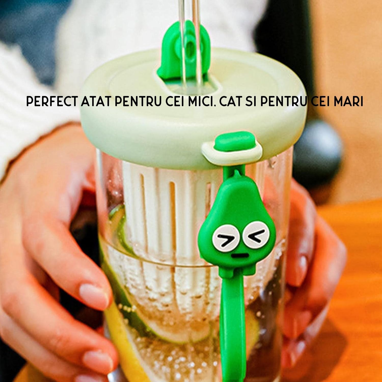 Pahar din silicon, cu capac si pai, pentru copii, Flippy, anti-cadere, compartiment pentru fructe/ceai/gheata, rezistent la temperaturi inalte, 500ml, Verde, 14.5x8.8x20 cm-2