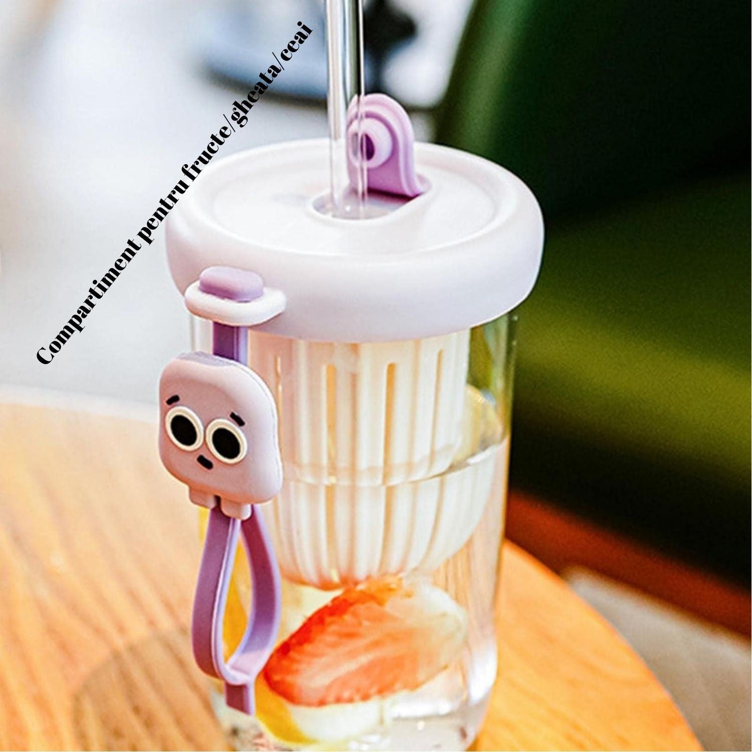 Pahar din silicon, cu capac si pai, pentru copii, Flippy, anti-cadere, compartiment pentru fructe/ceai/gheata, rezistent la temperaturi inalte, 500ml, Mov, 14.5x8.8x20 cm-1