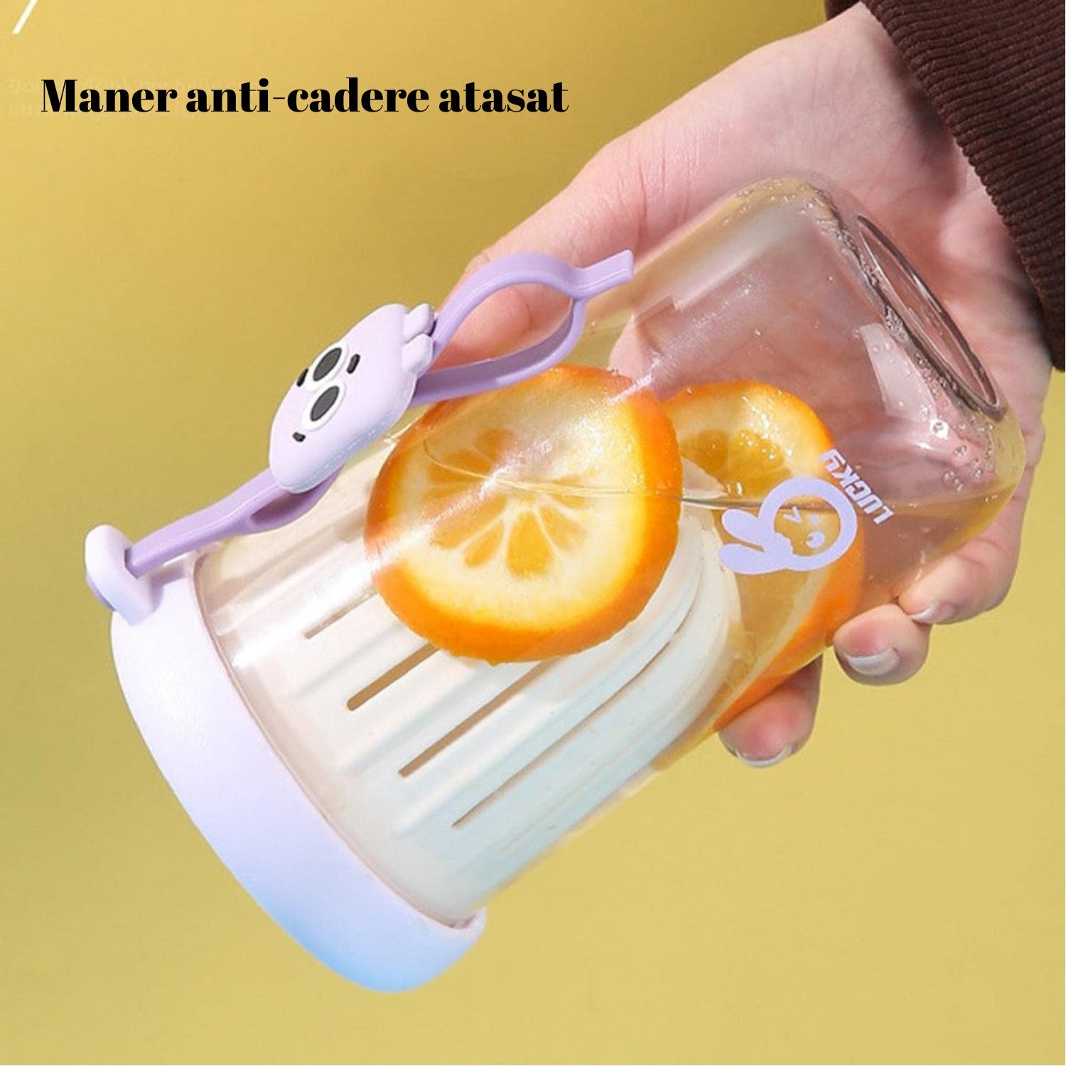 Pahar din silicon, cu capac si pai, pentru copii, Flippy, anti-cadere, compartiment pentru fructe/ceai/gheata, rezistent la temperaturi inalte, 500ml, Mov, 14.5x8.8x20 cm-2