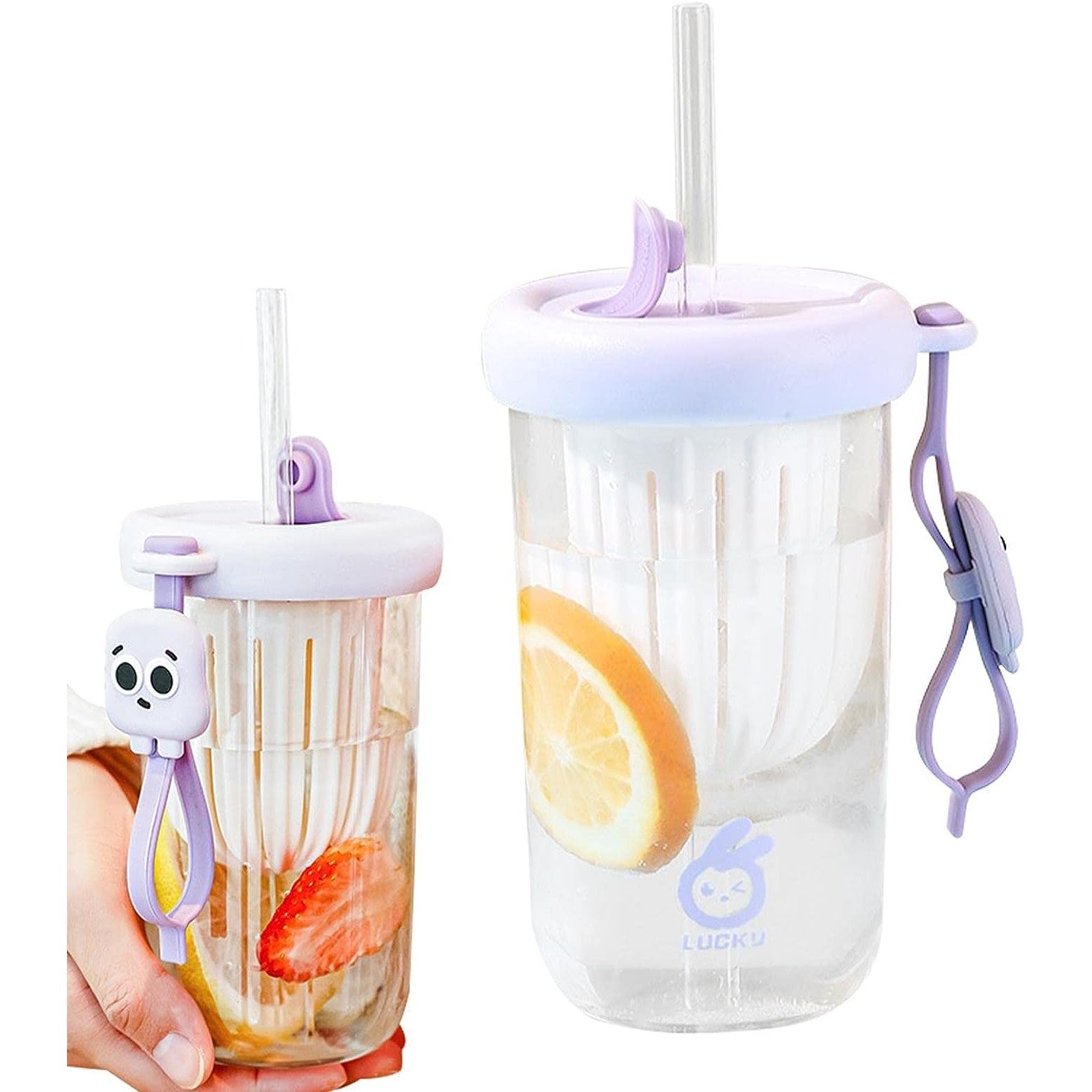 Pahar din silicon, cu capac si pai, pentru copii, Flippy, anti-cadere, compartiment pentru fructe/ceai/gheata, rezistent la temperaturi inalte, 500ml, Mov, 14.5x8.8x20 cm-5