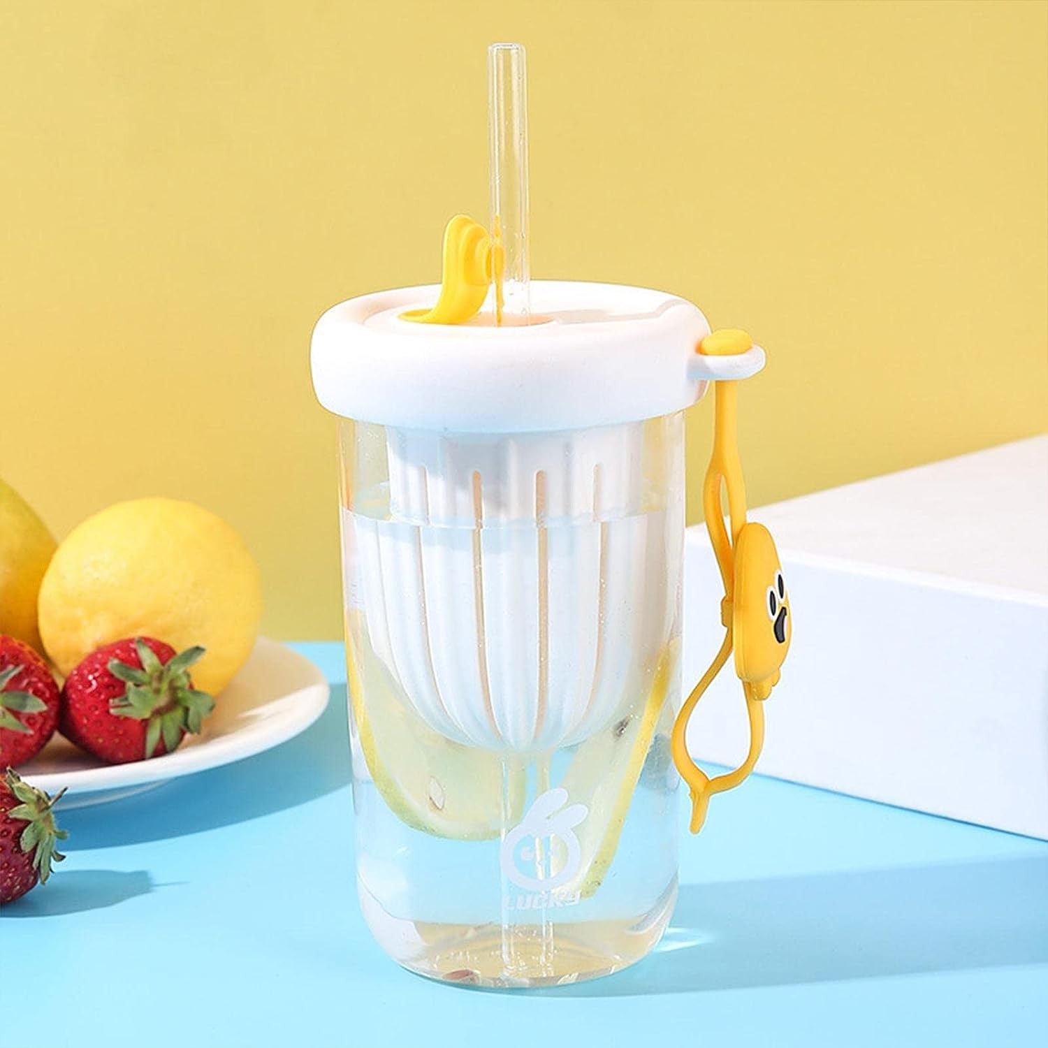 Pahar din silicon, cu capac si pai, pentru copii, Flippy, anti-cadere, compartiment pentru fructe/ceai/gheata, rezistent la temperaturi inalte, 500ml, Alb, 14.5x8.8x20 cm-3