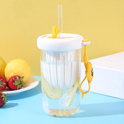 Pahar din silicon, cu capac si pai, pentru copii, Flippy, anti-cadere, compartiment pentru fructe/ceai/gheata, rezistent la temperaturi inalte, 500ml, Alb, 14.5x8.8x20 cm-3