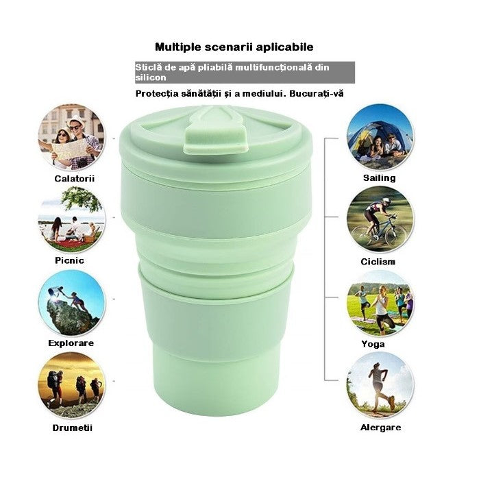 Pahar pliabil din silicon Flippy, pentru calatorii, camping, 350 ml,  8.2x6.3x9.1 cm, verde-4