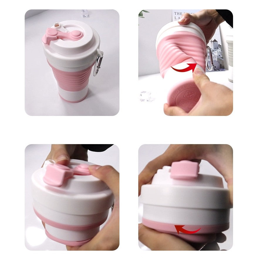 Pahar pliabil din silicon Flippy, pentru calatorii, camping, 750 ml, pai inclus, 11.6 x 19.3 cm, roz-1