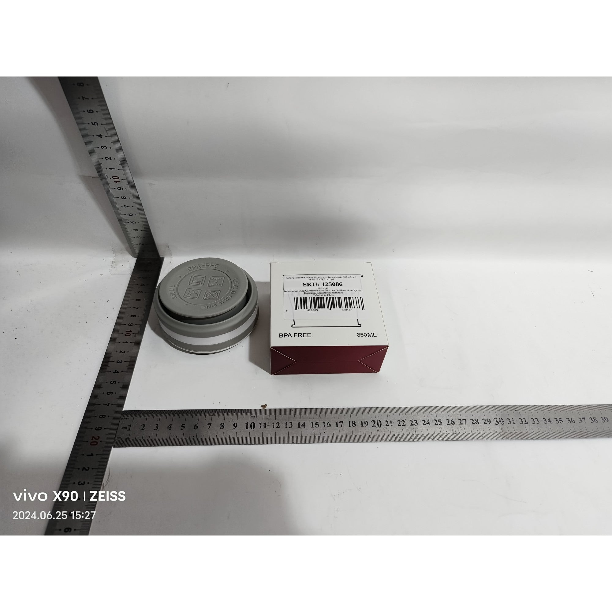 Pahar pliabil din silicon Flippy, prentru calatorii, 350 ml, pai inclus, 9 x 9.2 cm, gri-5