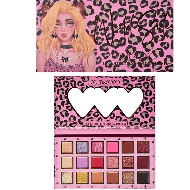 Paleta de farduri Kevin&Coco, 18 nuante, imprimeu leopard-print roz, oglinda interioara, dreptunghiulara, 19 x 10 cm, 180 g, multicolor-0