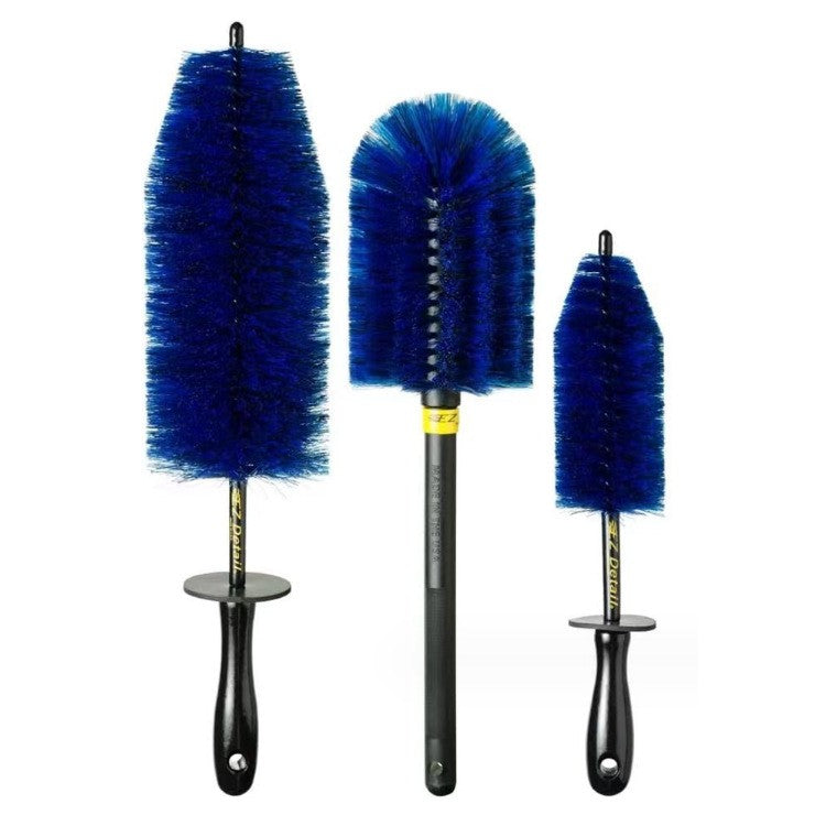 Set 3 Piese pentru Cosmetica Auto, Flippy, din Plastic si Otel, Maner Ergonomic, Perie Butuc, Anvelope, Detalii, Albastru-0