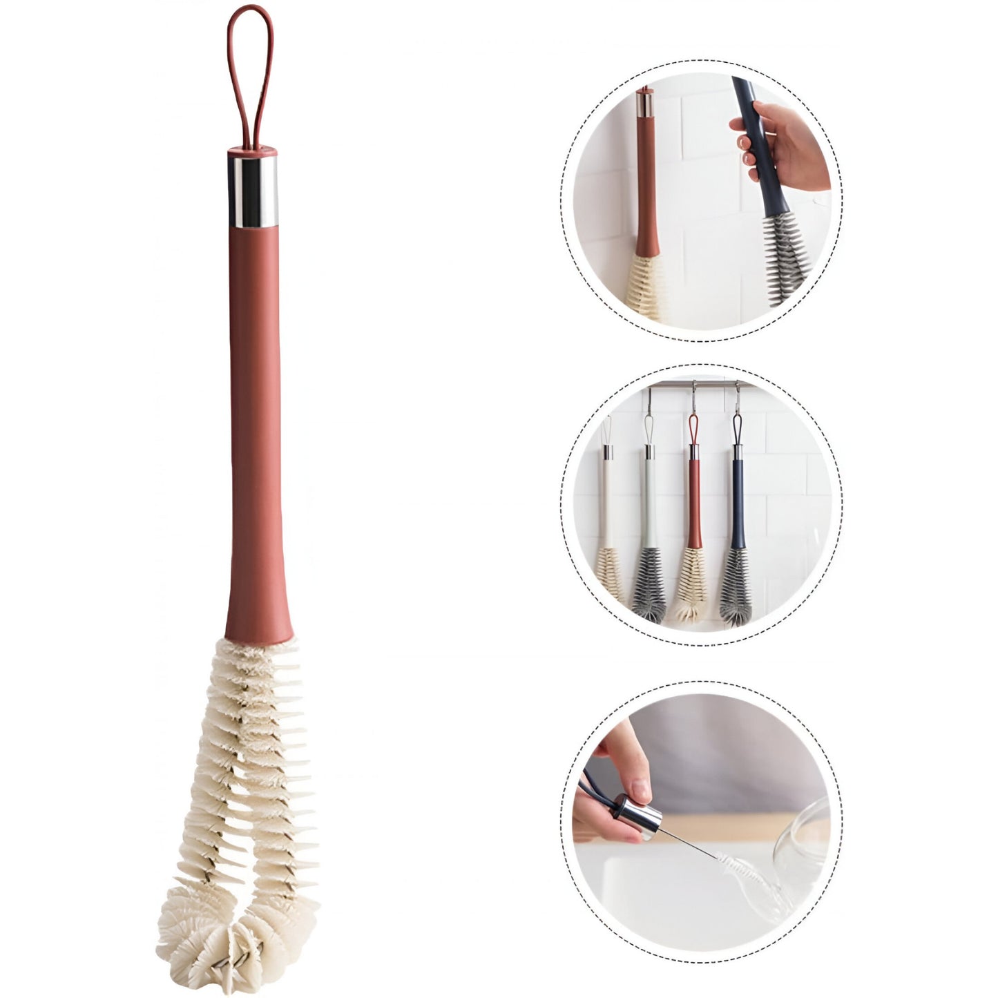 Perie de Curatat Pahare, Sticle, Biberoane, Flippy, cu Maner Lung, Uz Casnic, Silicon, Ergonomic, 3.9x5.4x38.5cm, Rosu-2