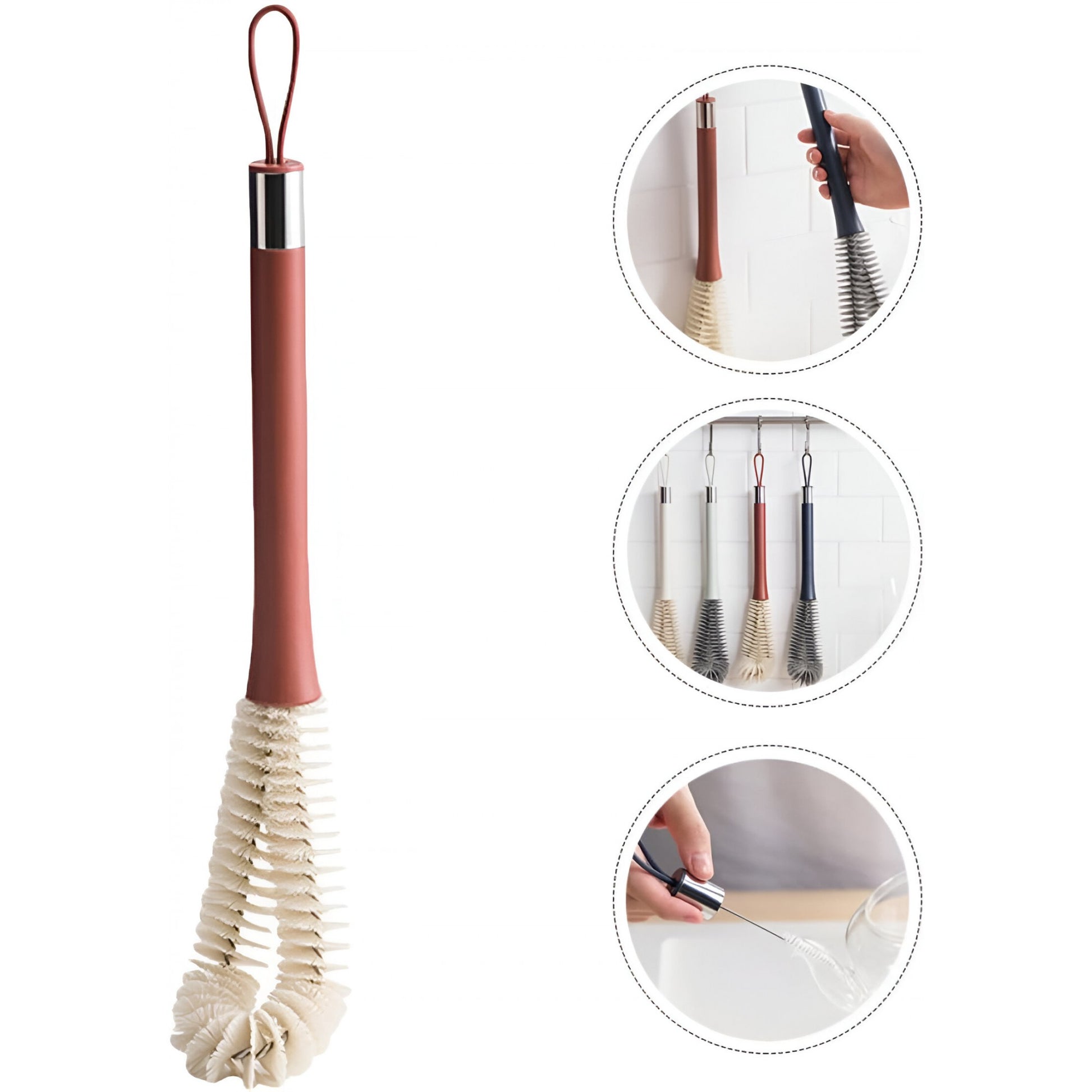 Perie de Curatat Pahare, Sticle, Biberoane, Flippy, cu Maner Lung, Uz Casnic, Silicon, Ergonomic, 3.9x5.4x38.5cm, Rosu-2