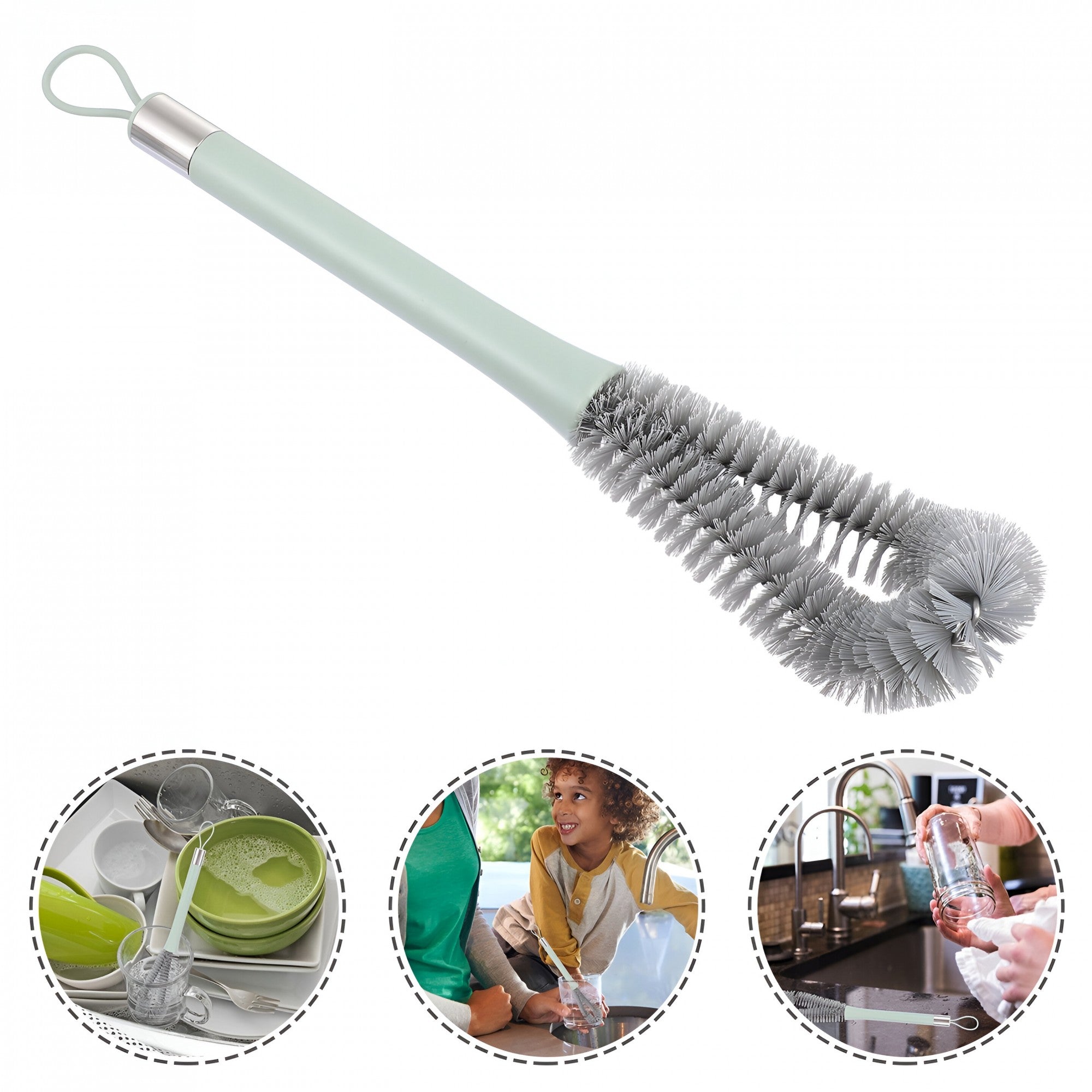 Perie de Curatat Pahare, Sticle, Biberoane, Flippy, cu Maner Lung, Uz Casnic, Silicon, Ergonomic, 3.9x5.4x38.5cm, Verde-3