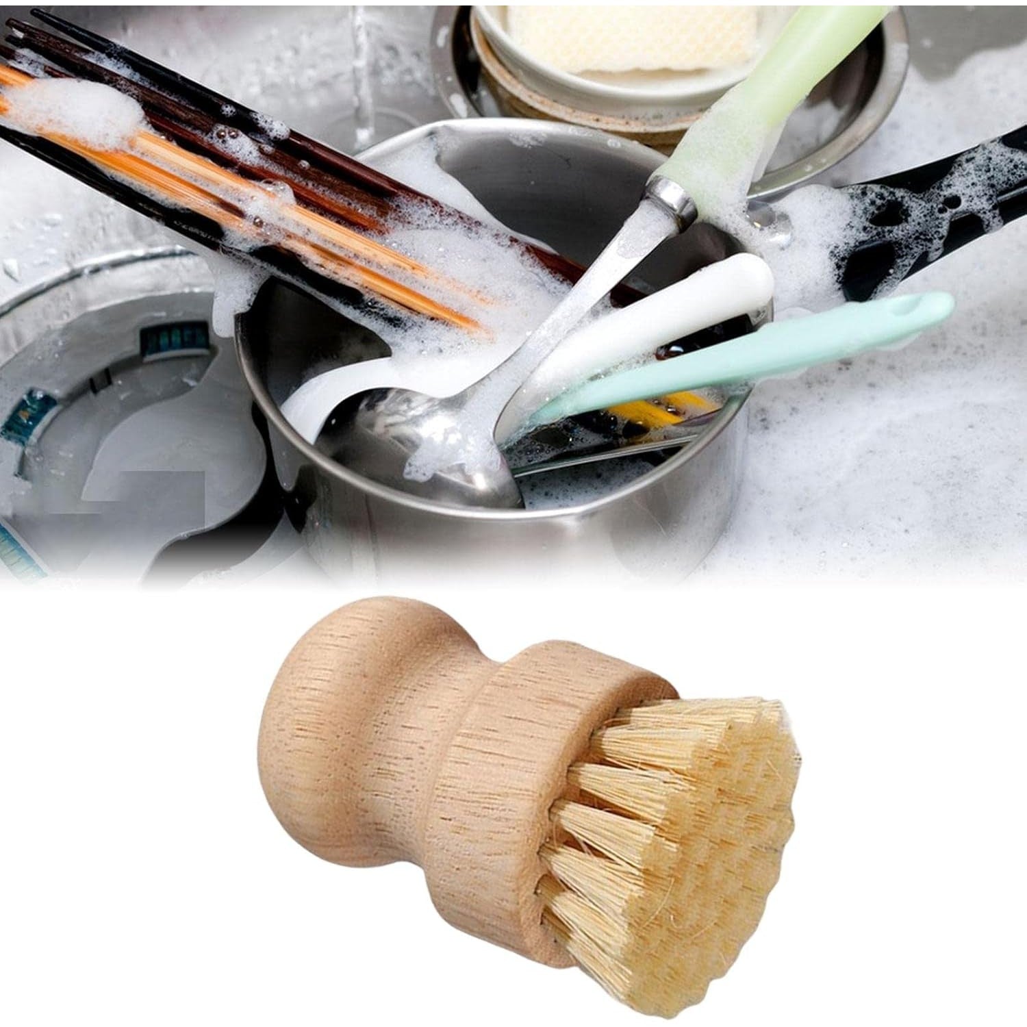 Perie de Curatat Vase si Alimente, Flippy, din Lemn de Fag, 8 x 5 cm, Perie din Sisal, Bej-1