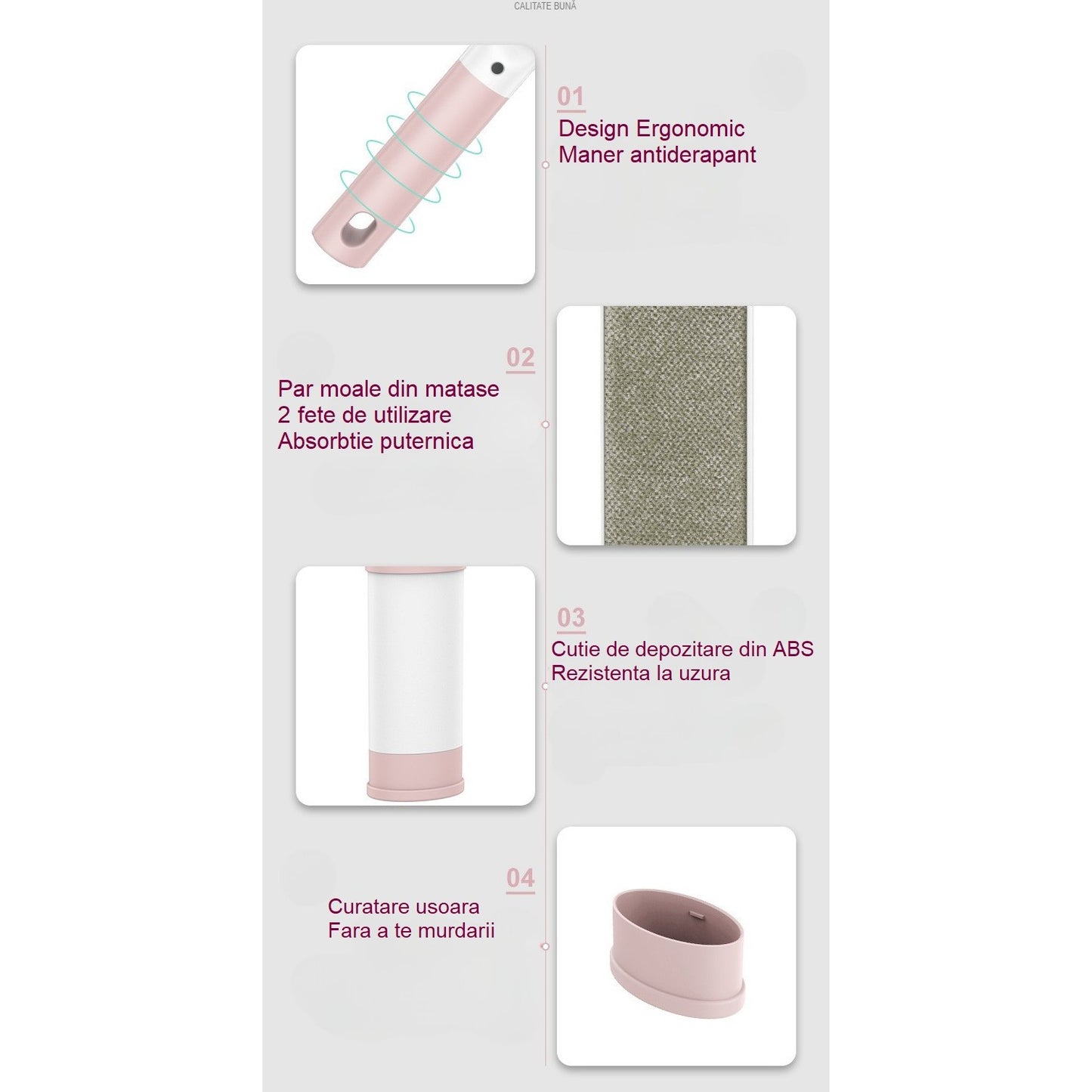 Perie Electrostatica, Flippy, Pentru Curatarea Parului/Scamelor de pe Haine si Tapiterii, 2 Fete, Autocuratare, 31 x 8.5 cm, Roz-5