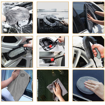 Set 9 Piese pentru Spalat Auto, Flippy, din Plastic si Microfibra, Perii si Lavete, Model A, Gri-3