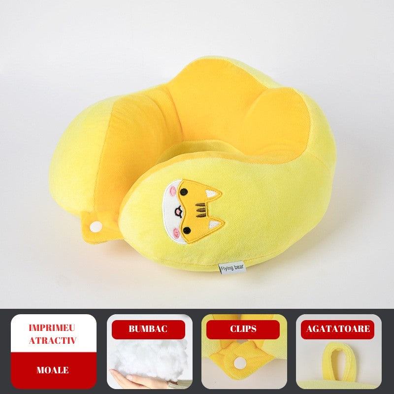 Perna de Calatorie, Flippy, Pentru Gat si Cap, Umplutura din Bumbac, 28x28x10 cm, cu Model Brodat Pisica, Galben-1