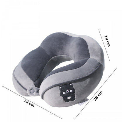 Perna de Calatorie, Flippy, Pentru Gat si Cap, Umplutura din Bumbac, 28x28x10 cm, cu Model Brodat Urs, Gri-4