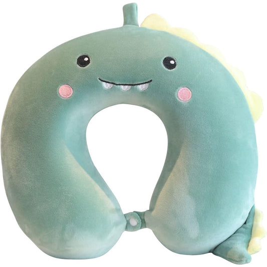 Perna de Calatorie in Forma de U, Flippy, Pentru Gat si Cap, Umplutura din Spuma cu Memorie, 30x30 cm, Model Dinozaur, Accesoriu de Voiaj, Birou, Masina, Sistem Prindere Capse, Verde-0