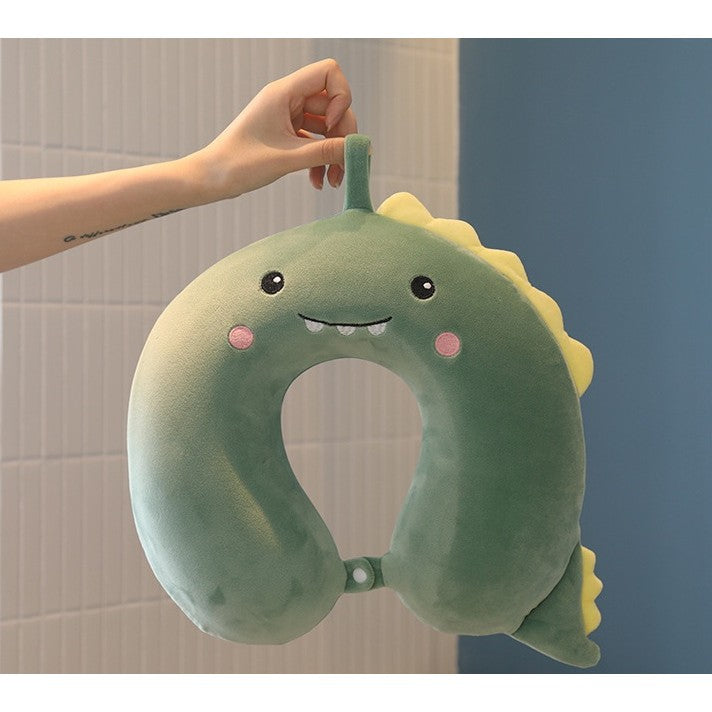 Perna de Calatorie in Forma de U, Flippy, Pentru Gat si Cap, Umplutura din Spuma cu Memorie, 30x30 cm, Model Dinozaur, Accesoriu de Voiaj, Birou, Masina, Sistem Prindere Capse, Verde-4