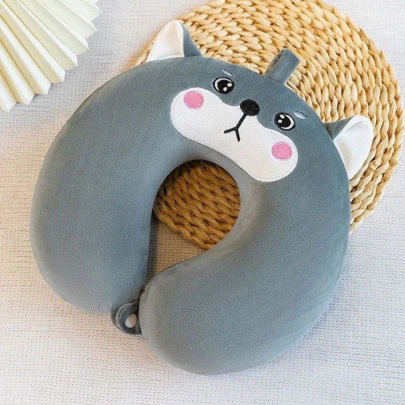 Perna de Calatorie in Forma de U, Flippy, Pentru Gat si Cap, Umplutura din Spuma cu Memorie, 30x30 cm, Model Husky, Accesoriu de Voiaj, Birou, Masina, Sistem Prindere Capse, Gri-1