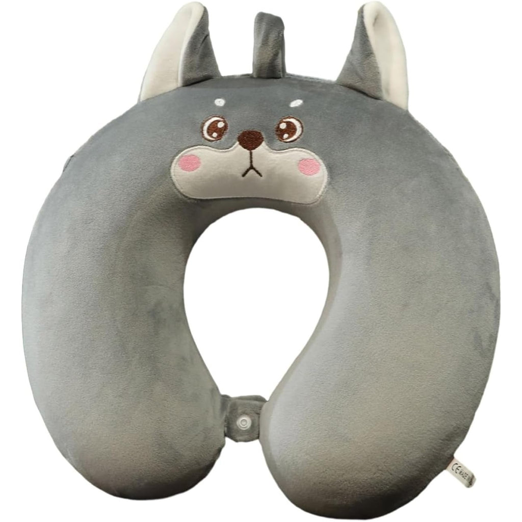 Perna de Calatorie in Forma de U, Flippy, Pentru Gat si Cap, Umplutura din Spuma cu Memorie, 30x30 cm, Model Husky, Accesoriu de Voiaj, Birou, Masina, Sistem Prindere Capse, Gri-0