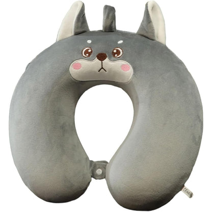 Perna de Calatorie in Forma de U, Flippy, Pentru Gat si Cap, Umplutura din Spuma cu Memorie, 30x30 cm, Model Husky, Accesoriu de Voiaj, Birou, Masina, Sistem Prindere Capse, Gri-0