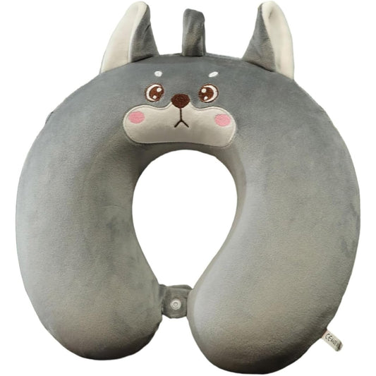 Perna de Calatorie in Forma de U, Flippy, Pentru Gat si Cap, Umplutura din Spuma cu Memorie, 30x30 cm, Model Husky, Accesoriu de Voiaj, Birou, Masina, Sistem Prindere Capse, Gri-0