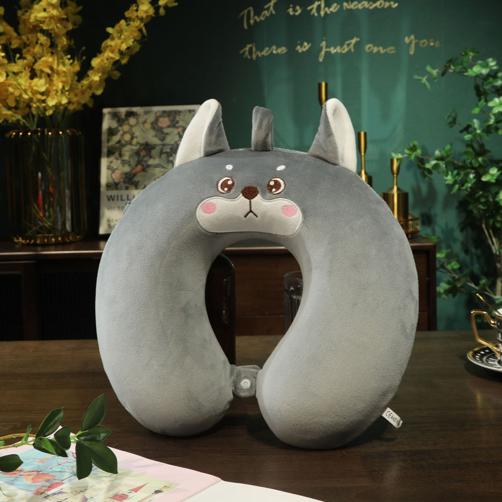 Perna de Calatorie in Forma de U, Flippy, Pentru Gat si Cap, Umplutura din Spuma cu Memorie, 30x30 cm, Model Husky, Accesoriu de Voiaj, Birou, Masina, Sistem Prindere Capse, Gri-5