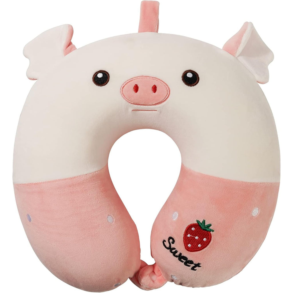 Perna de Calatorie in Forma de U, Flippy, Pentru Gat si Cap, Umplutura din Spuma cu Memorie, 30x30 cm, Model Purcelus, Accesoriu de Voiaj, Birou, Masina, Sistem Prindere Capse, Alb-Roz-0
