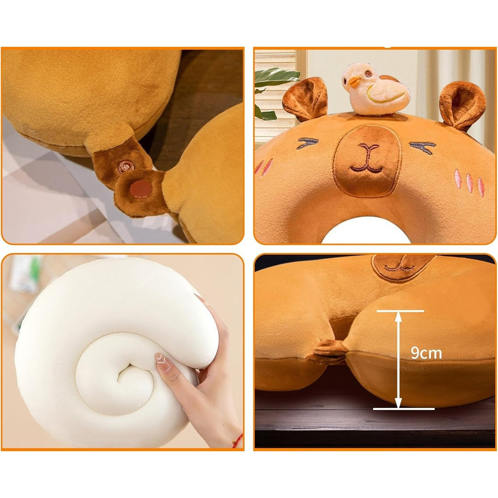 Perna de Calatorie in Forma de U, Flippy, Pentru Gat si Cap, Umplutura din Spuma cu Memorie, 30x30 cm, Model Capybara, Accesoriu de Voiaj, Birou, Masina, Sistem Prindere Capse, Maro-2