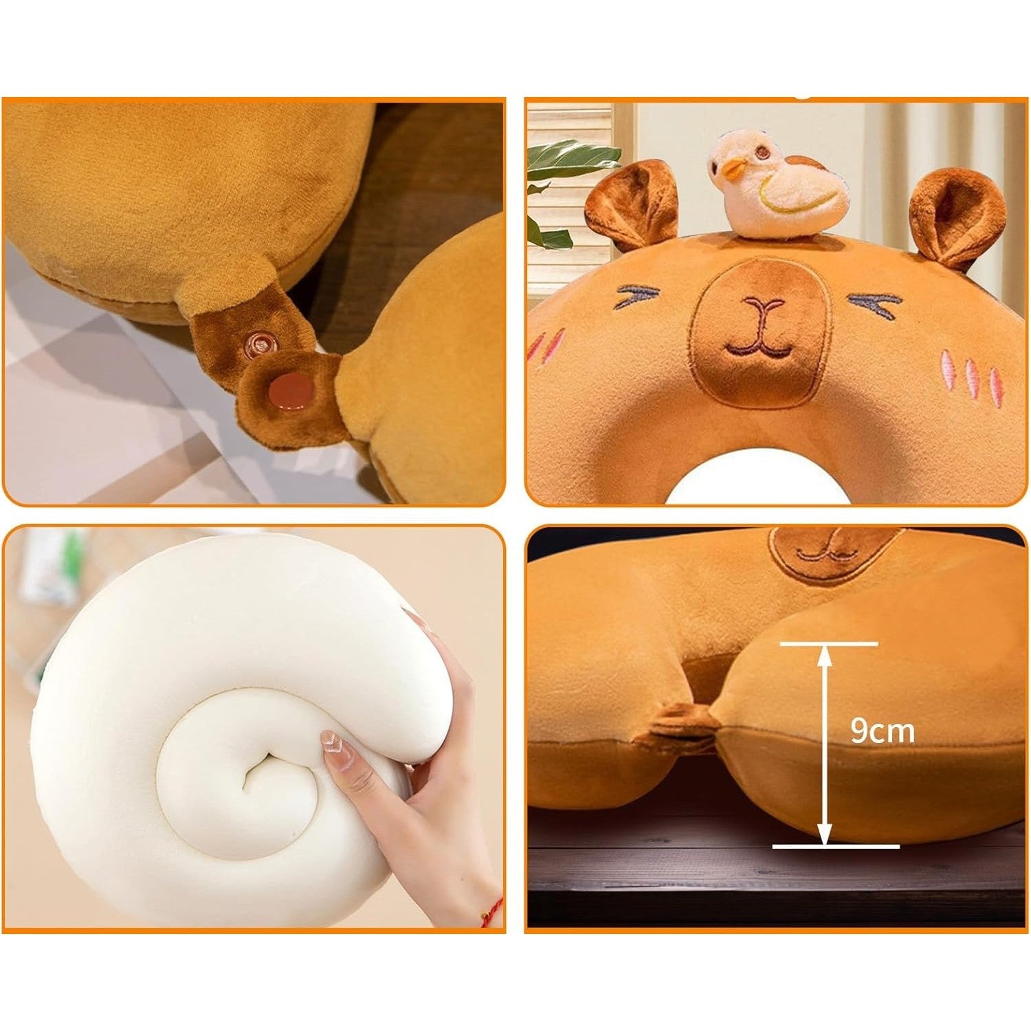 Perna de Calatorie in Forma de U, Flippy, Pentru Gat si Cap, Umplutura din Spuma cu Memorie, 30x30 cm, Model Capybara, Accesoriu de Voiaj, Birou, Masina, Sistem Prindere Capse, Maro-2